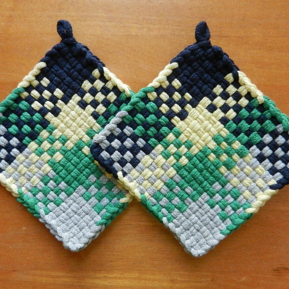 Set of 2 Handmade Artisan Cotton Woven Loomed Potholders Trivets